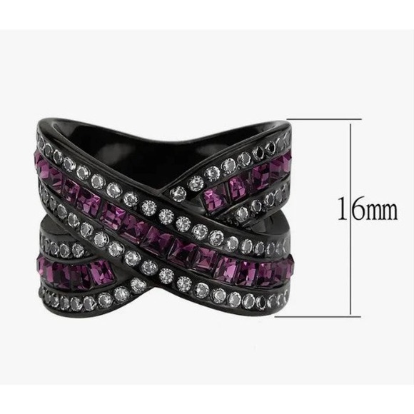 Amethyst Clear Crystal Black Stainless Steel Cross Over Band Ring Size 9 - Picture 2 of 5
